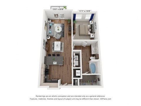 Floor plan for 1 bed, 1 bath, 866 sqft